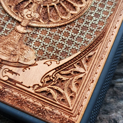 Gothic chalice artwork engraved on a wooden phone case, compatible with iPhone and Samsung Galaxy