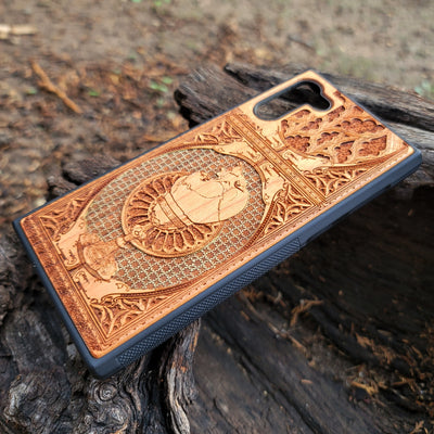 Gothic chalice artwork engraved on a wooden phone case, compatible with iPhone and Samsung Galaxy