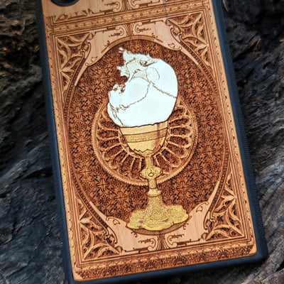 Gothic chalice engraved on a wooden phone case, compatible with iPhone  and Samsung Galaxy