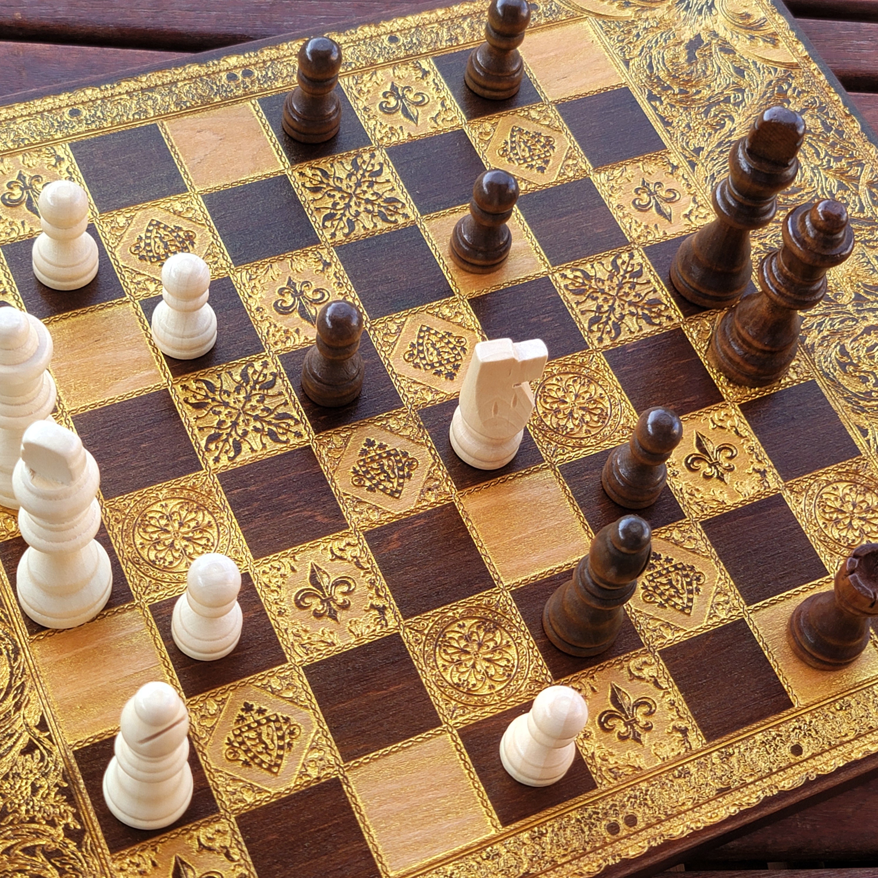 Battle Walnut & Gold Stained Wooden Chess Board Game Set - A3 Size - 1.25" / 32 mm Square