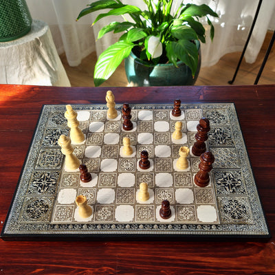 Handmade maple wood chess board with engraved Spanish tile pattern and black silver frame, luxury wooden chessboard gift