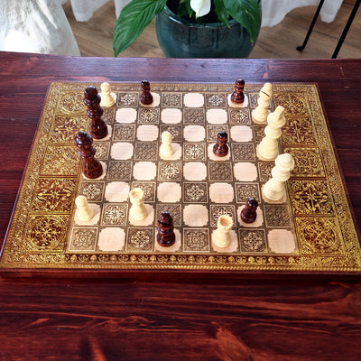 Spanish Tiles Chess Board - Walnut & Gold - A3 Large Size