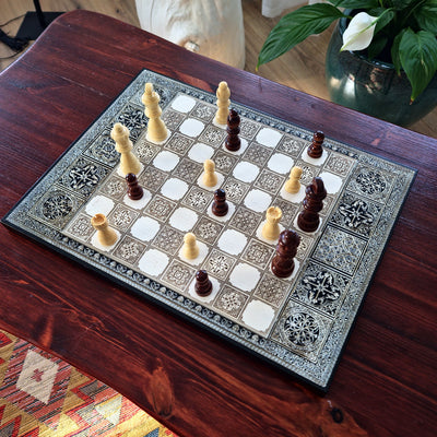 Handmade maple wood chess board with engraved Spanish tile pattern and black silver frame, luxury wooden chessboard gift