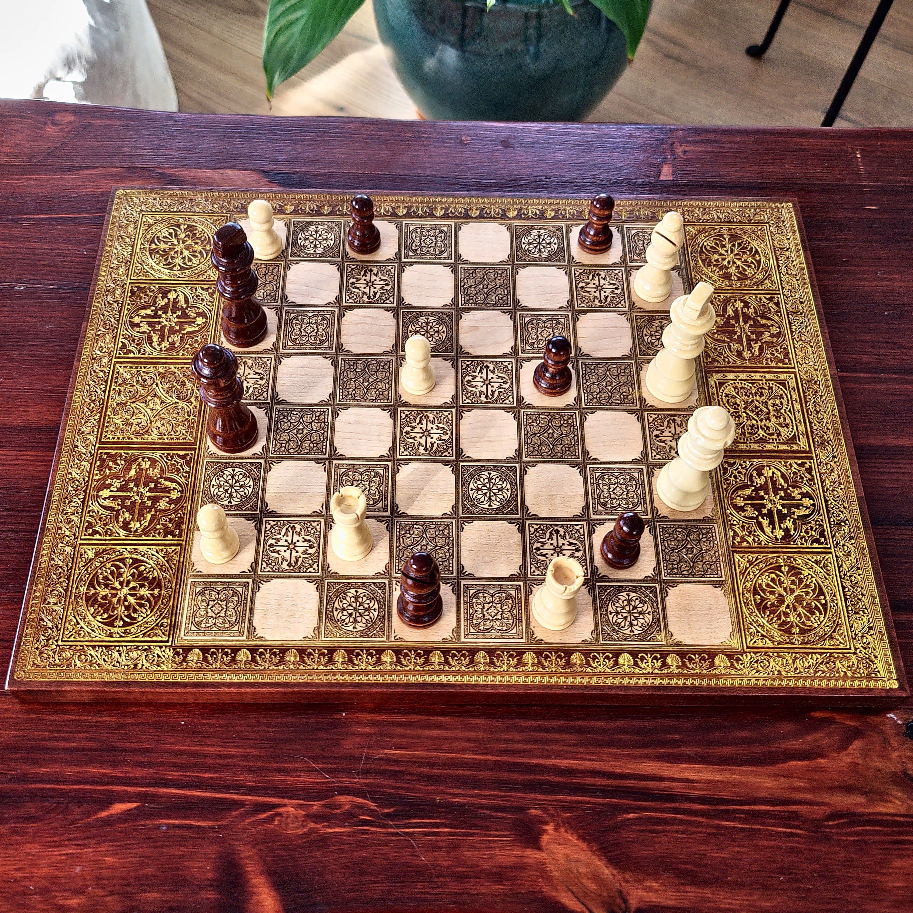 Spanish Tiles Chess Board - Walnut & Gold - A3 Large Size