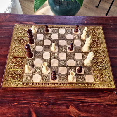 Spanish Tiles Chess Board - Walnut & Gold - A3 Large Size