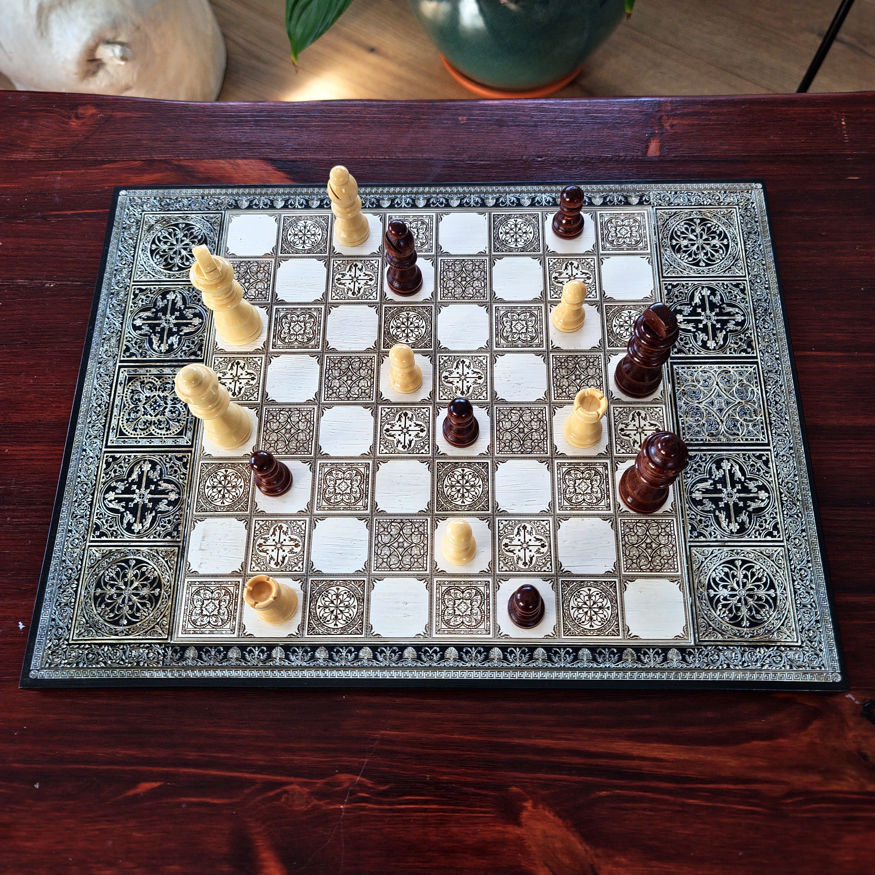 Handmade maple wood chess board with engraved Spanish tile pattern and black silver frame, luxury wooden chessboard gift