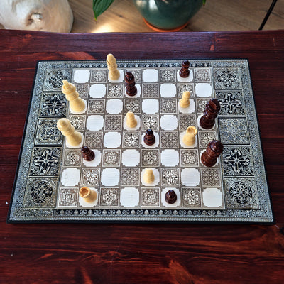 Handmade maple wood chess board with engraved Spanish tile pattern and black silver frame, luxury wooden chessboard gift