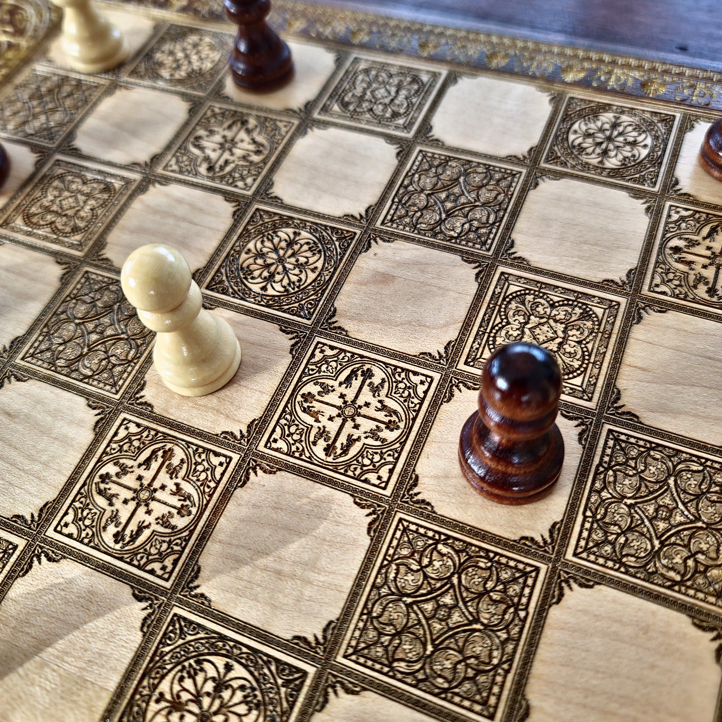 Spanish Tiles Chess Board - Walnut & Gold - A3 Large Size