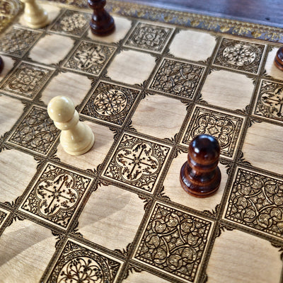 Spanish Tiles Chess Board - Walnut & Gold - A3 Large Size
