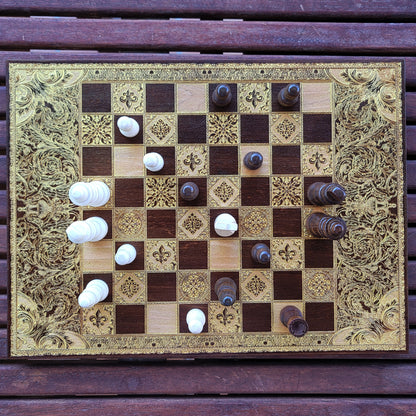 Ornate Chess Board - Walnut & Gold - A3 Large Size