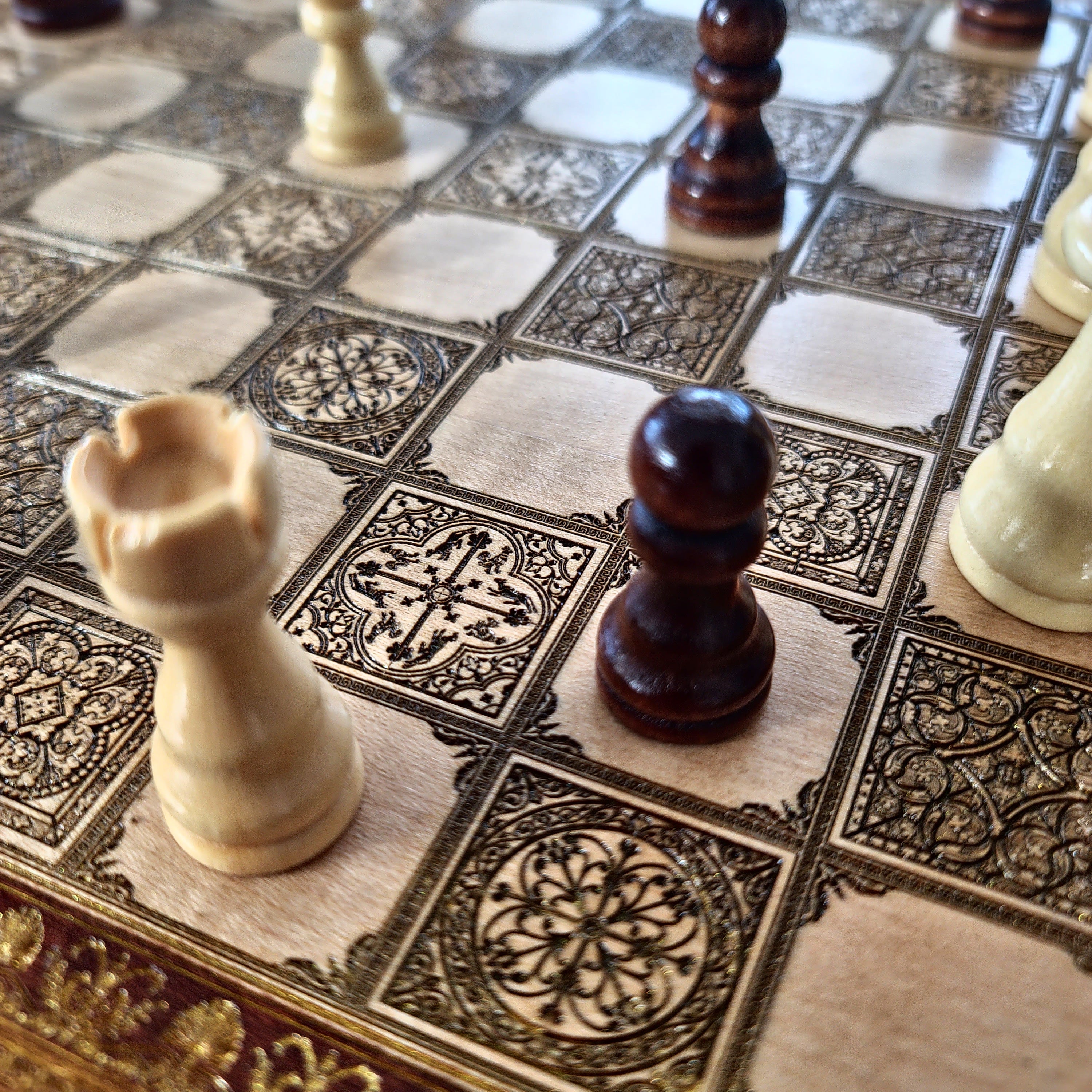 Spanish Tiles Chess Board - Walnut & Gold - A3 Large Size