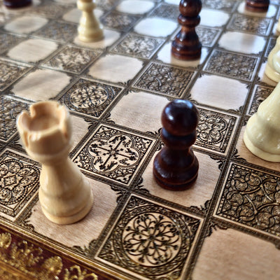 Spanish Tiles Chess Board - Walnut & Gold - A3 Large Size