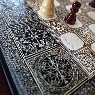 Handmade maple wood chess board with engraved Spanish tile pattern and black silver frame, luxury wooden chessboard gift