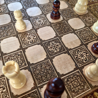 Spanish Tiles Chess Board - Walnut & Gold - A3 Large Size