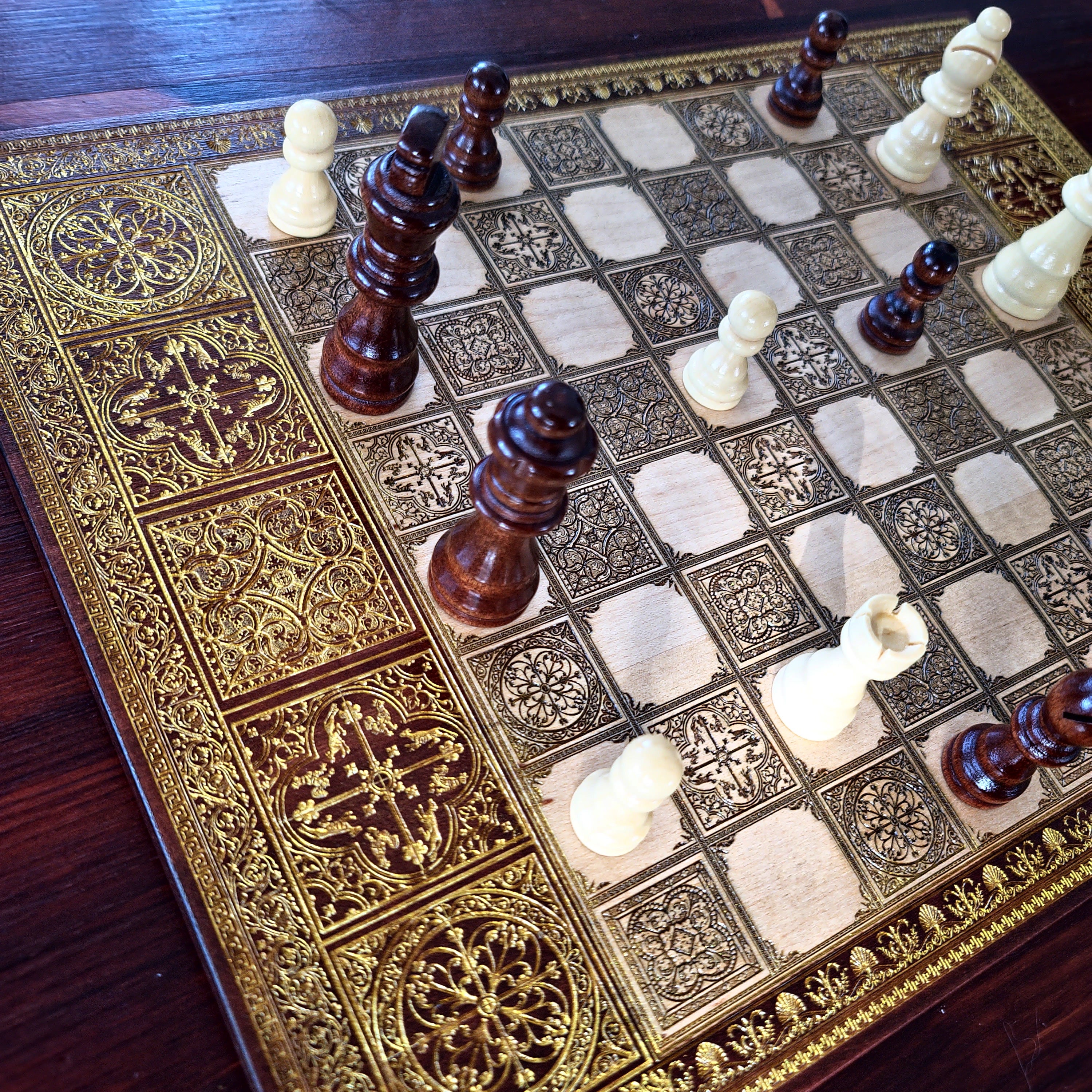 Spanish Tiles Chess Board - Walnut & Gold - A3 Large Size