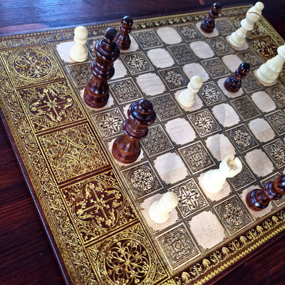 Spanish Tiles Chess Board - Walnut & Gold - A3 Large Size