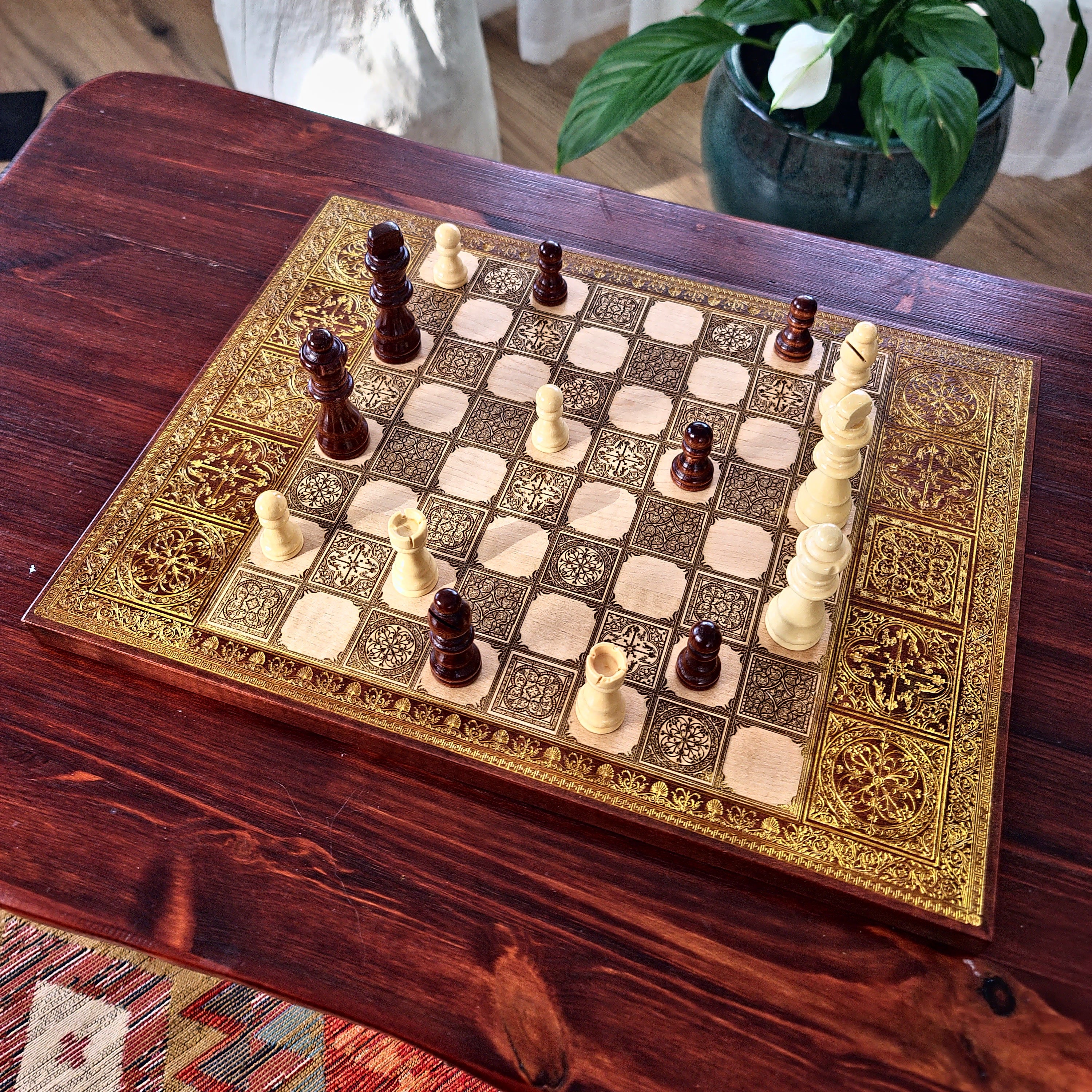 Spanish Tiles Chess Board - Walnut & Gold - A3 Large Size