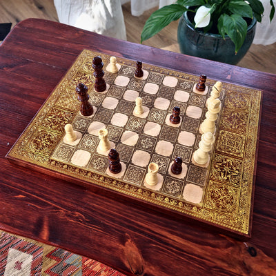 Spanish Tiles Chess Board - Walnut & Gold - A3 Large Size