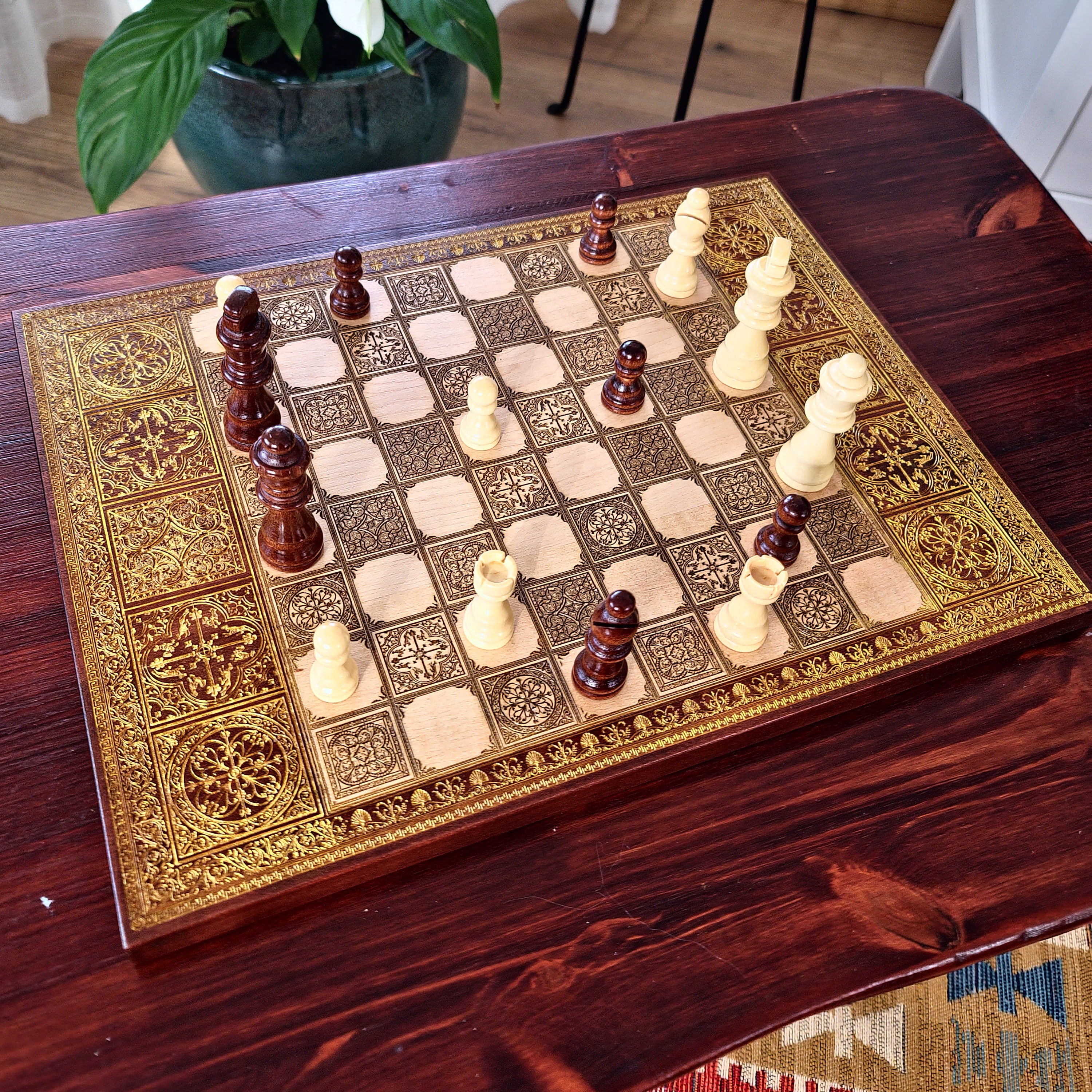 Spanish Tiles Chess Board - Walnut & Gold - A3 Large Size