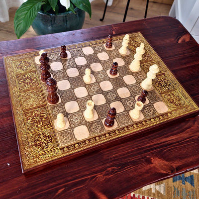 Spanish Tiles Chess Board - Walnut & Gold - A3 Large Size