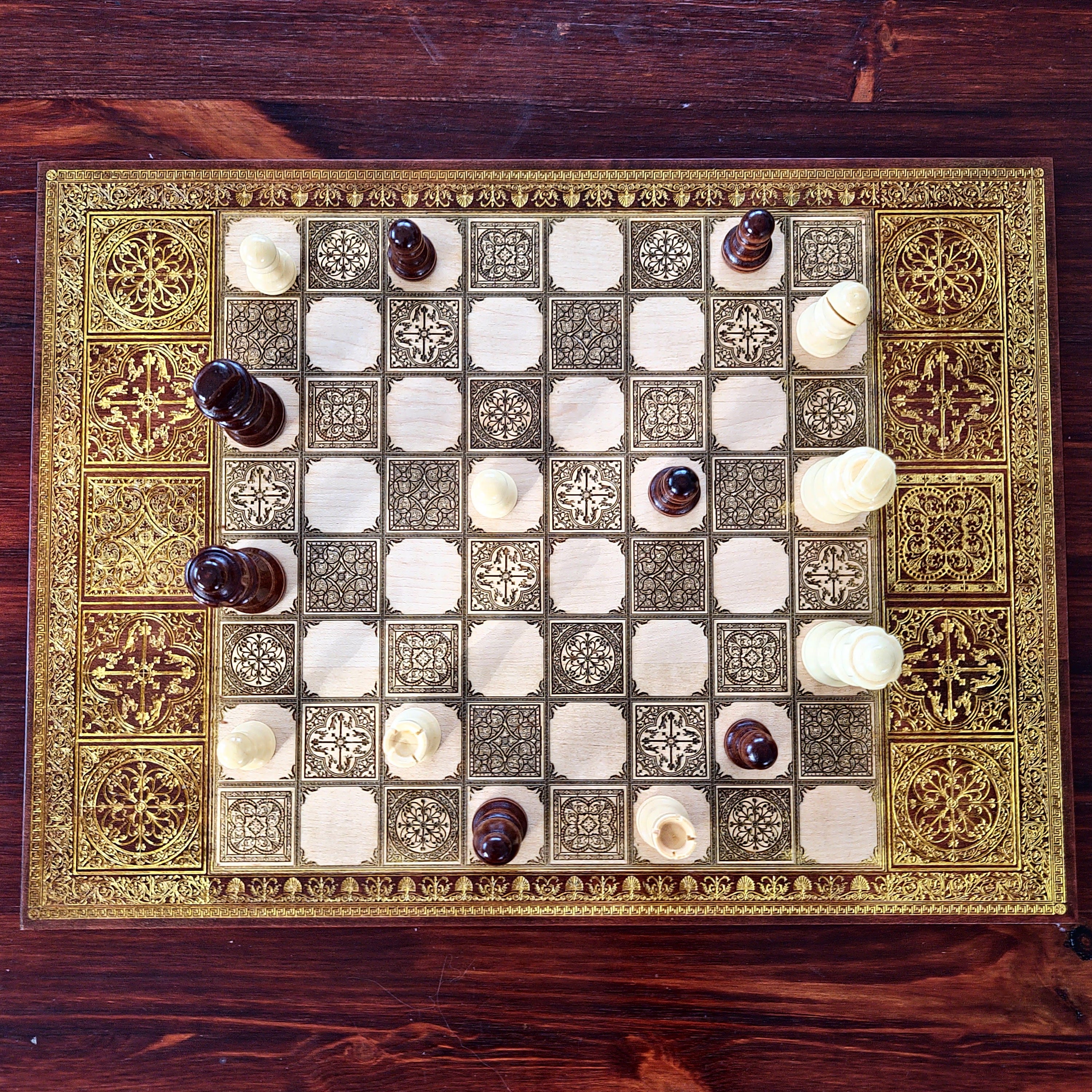 Spanish Tiles Chess Board - Walnut & Gold - A3 Large Size