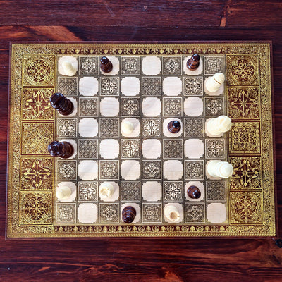 Spanish Tiles Chess Board - Walnut & Gold - A3 Large Size