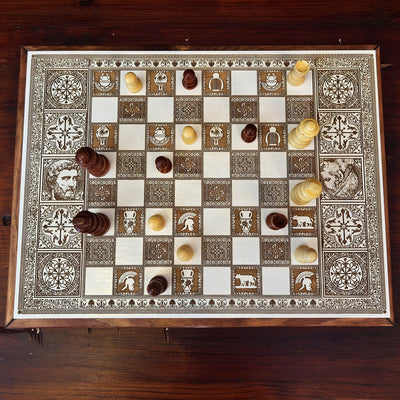Decorative wood chessboard with roman theme laser engraved