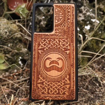 Wood phone case with Conan the Barbarian snake symbol and Celtic engravings for iPhone and Galaxy