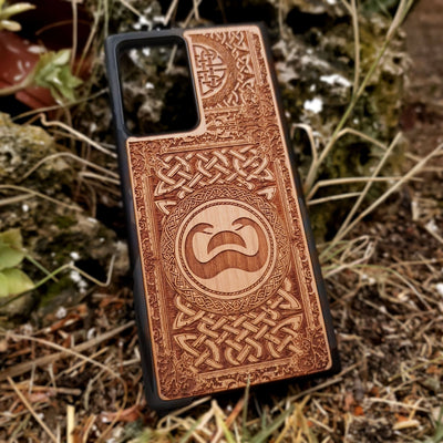 Wood phone case with Conan the Barbarian snake symbol and Celtic engravings for iPhone and Galaxy
