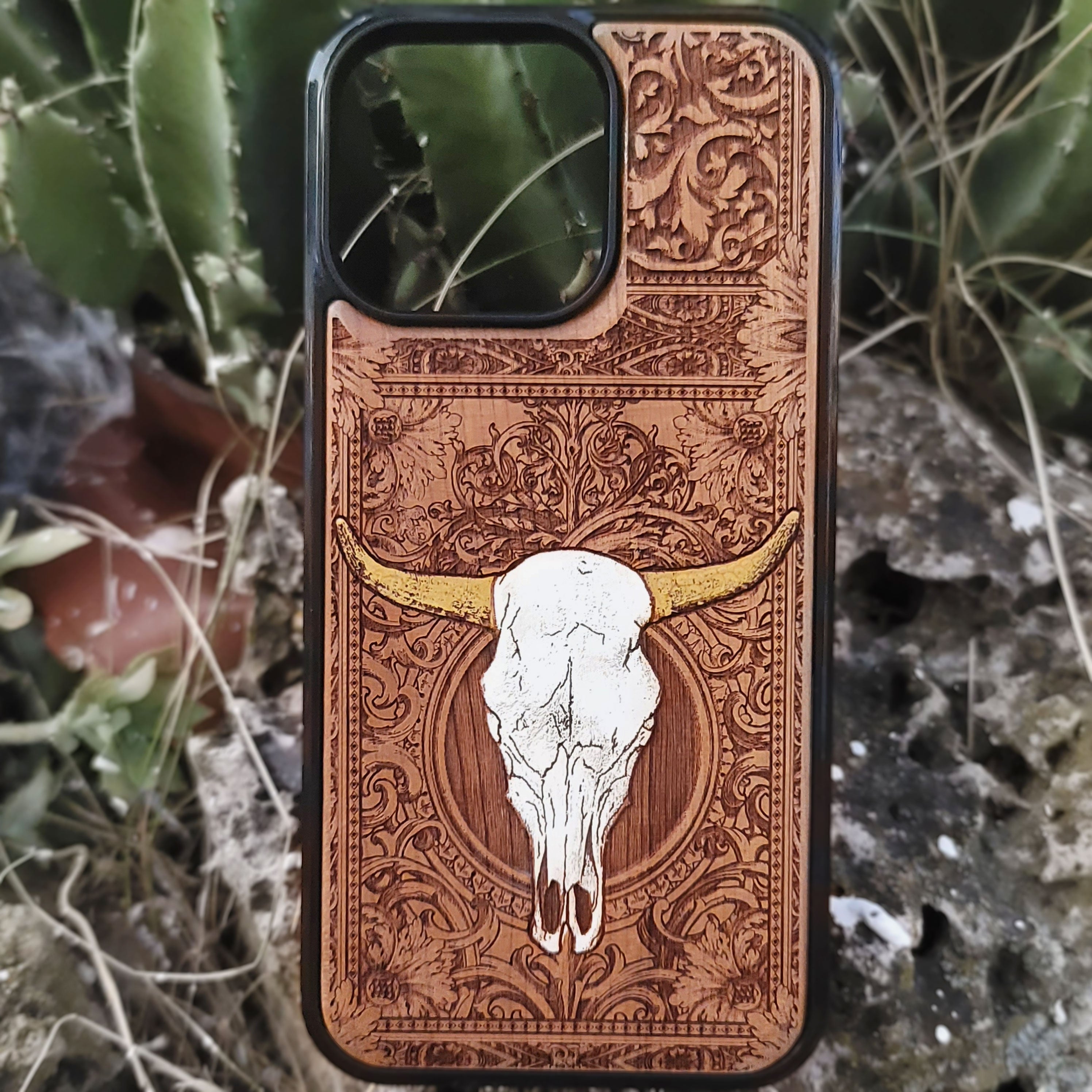 Rustic wooden phone case with engraved floral design and bull skull, western style iPhone cover