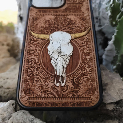 Rustic wooden phone case with engraved floral design and steer skull, western style iPhone cover