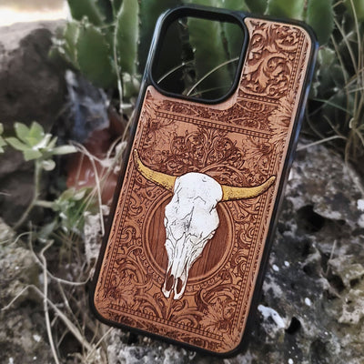 Rustic wooden phone case with engraved floral design and bull skull, western style iPhone cover