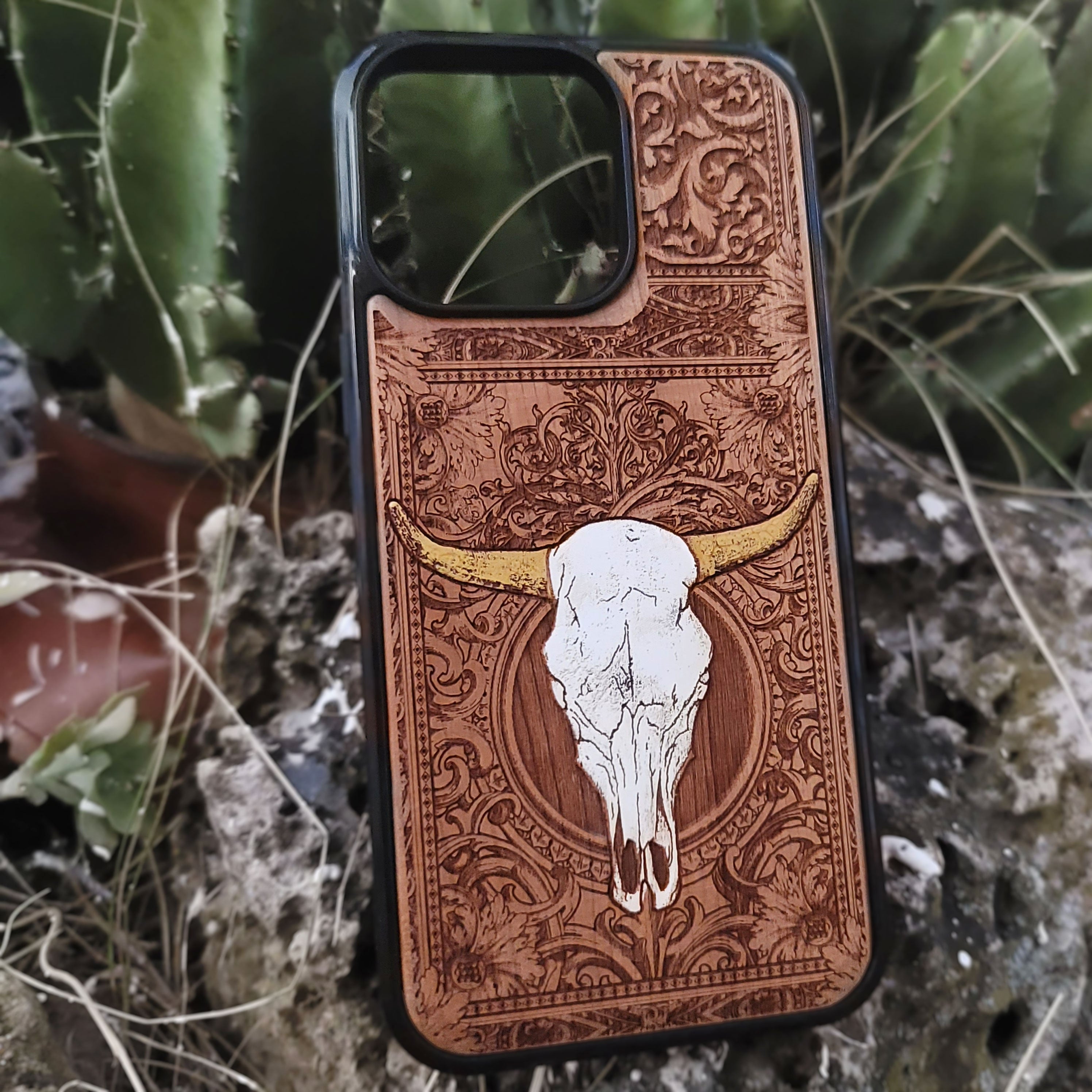 Rustic wooden phone case with engraved floral design and cow skull, western style iPhone cover