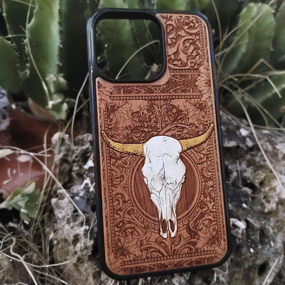 Rustic wooden phone case with engraved floral design and cow skull, western style iPhone cover