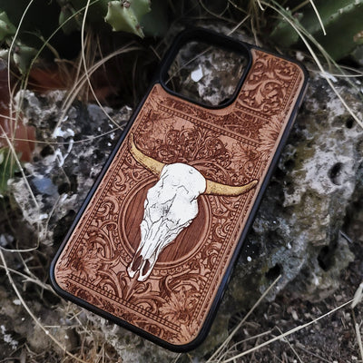 Rustic wooden phone case with engraved floral design and bull skull, western style iPhone cover