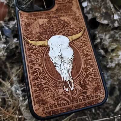 Rustic wooden phone case with engraved floral design and bull skull, western style iPhone cover
