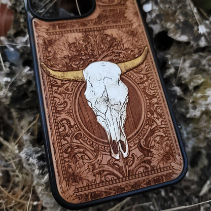 Cow Skull Wood Phone Case Hand Painted