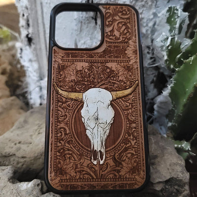 Rustic wooden phone case with engraved floral design and bull skull, western style iPhone cover