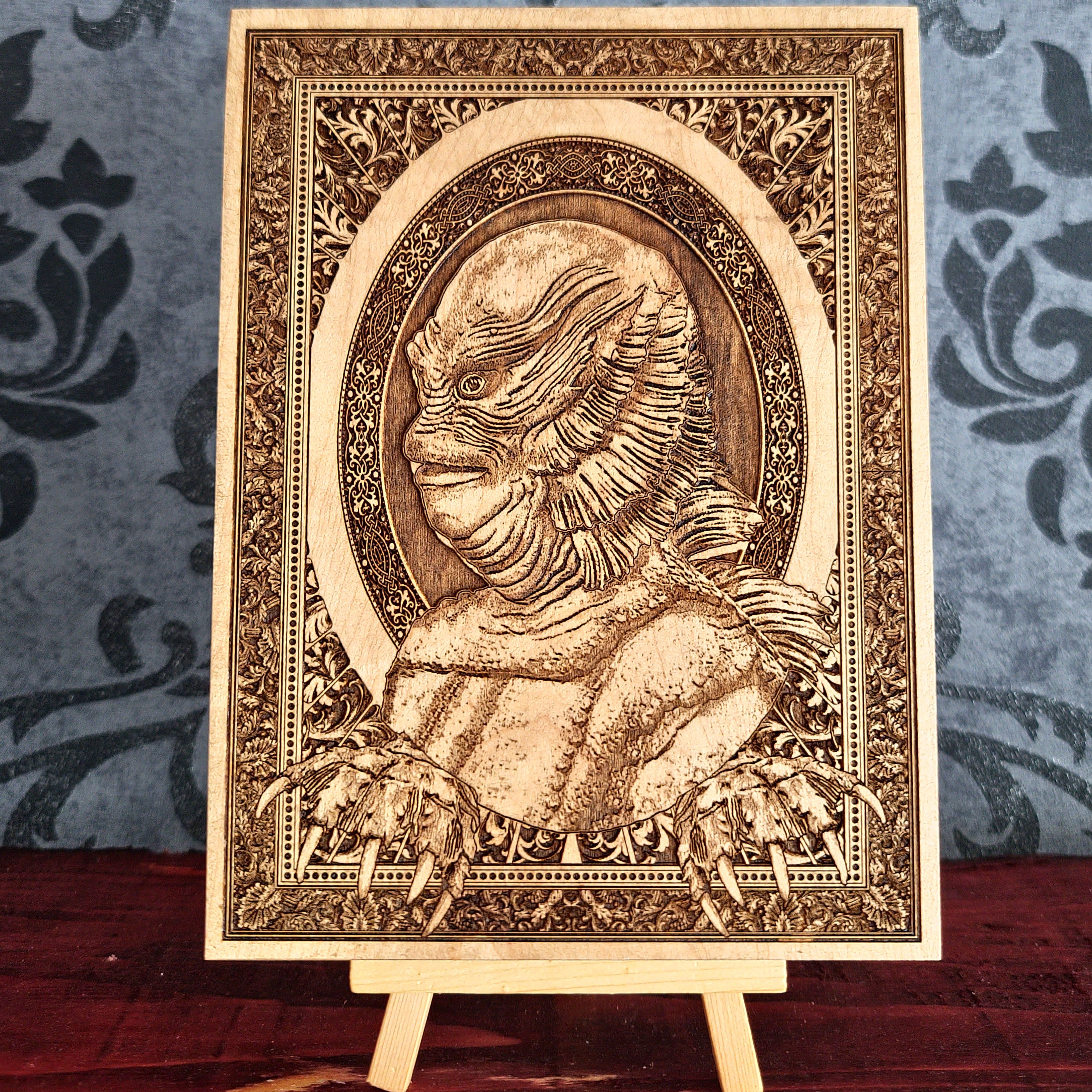 Handmade wooden artwork 'Creature from the Black Lagoon - Mini' – wood gift for 5 year anniversary, wedding present, gift for him or her, romantic handcrafted decor