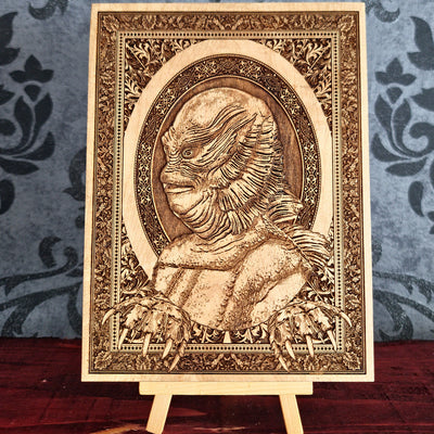 Handmade wooden artwork 'Creature from the Black Lagoon - Mini' – wood gift for 5 year anniversary, wedding present, gift for him or her, romantic handcrafted decor