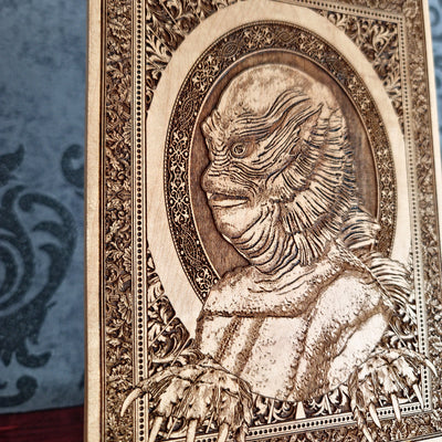 Handmade wooden artwork 'Creature from the Black Lagoon - Mini' – wood gift for 5 year anniversary, wedding present, gift for him or her, romantic handcrafted decor