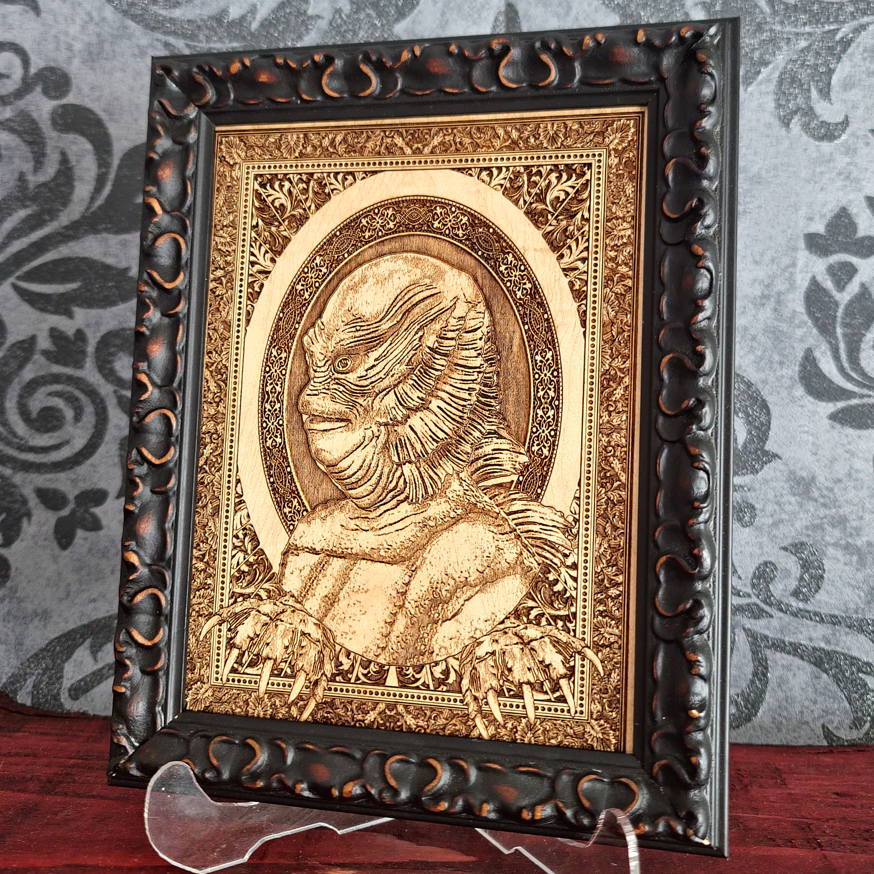Handmade wooden artwork 'Creature from the Black Lagoon - Mini' – wood gift for 5 year anniversary, wedding present, gift for him or her, romantic handcrafted decor
