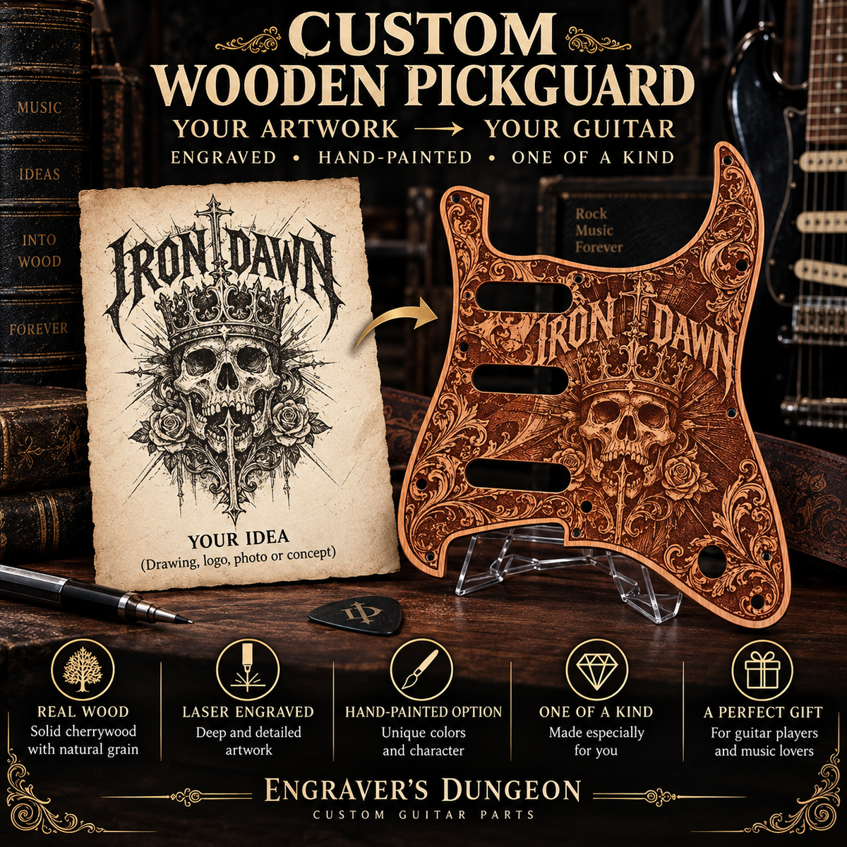 Custom wooden guitar pickguard with personalized laser engraved artwork