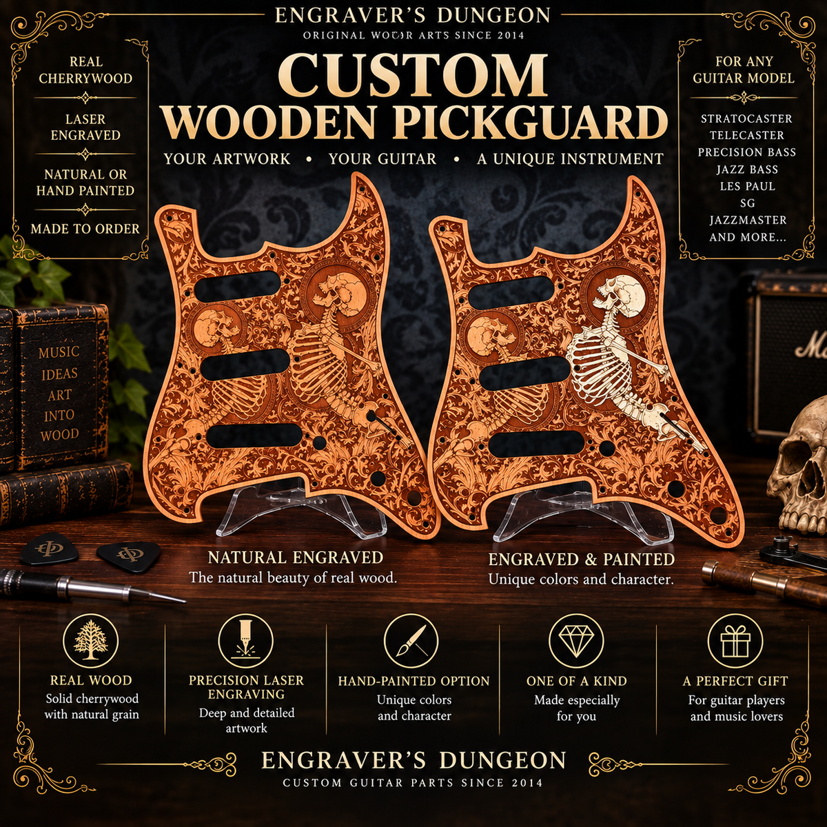 Natural and hand painted custom wooden guitar pickguard options