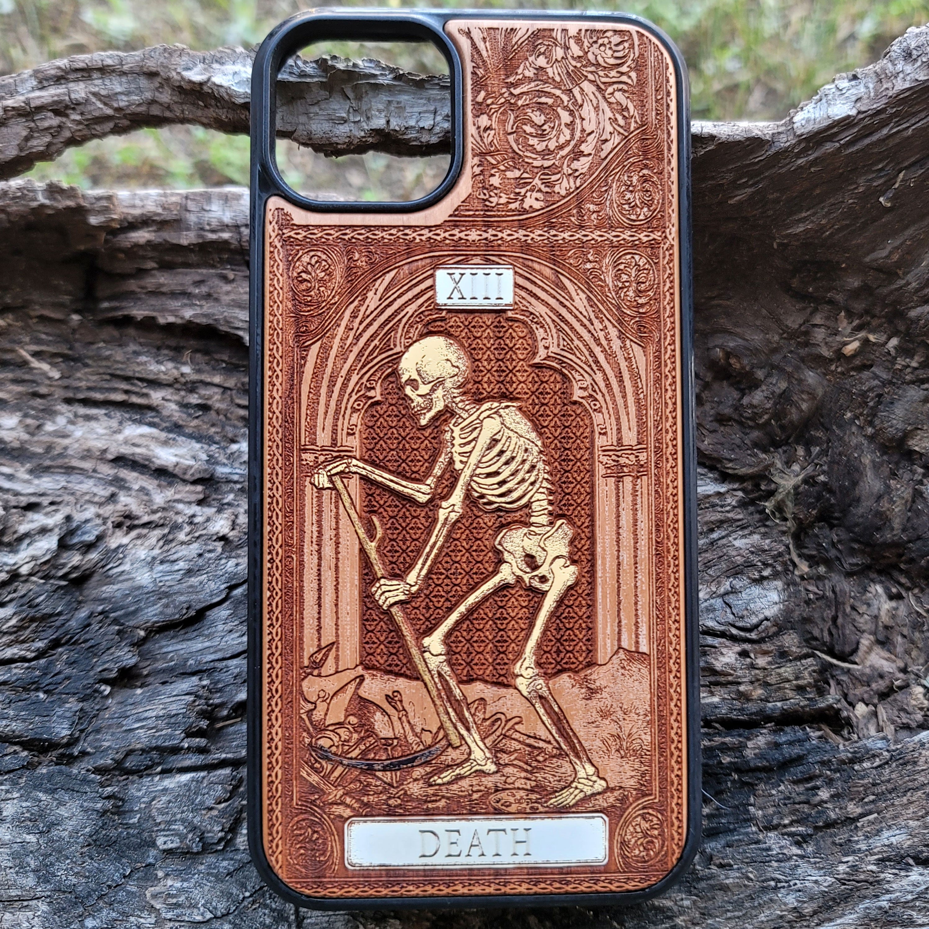 Death tarot wood phone case – engraved & hand-painted for iPhone 16, Galaxy S25 – symbolic rebirth and transformation design

