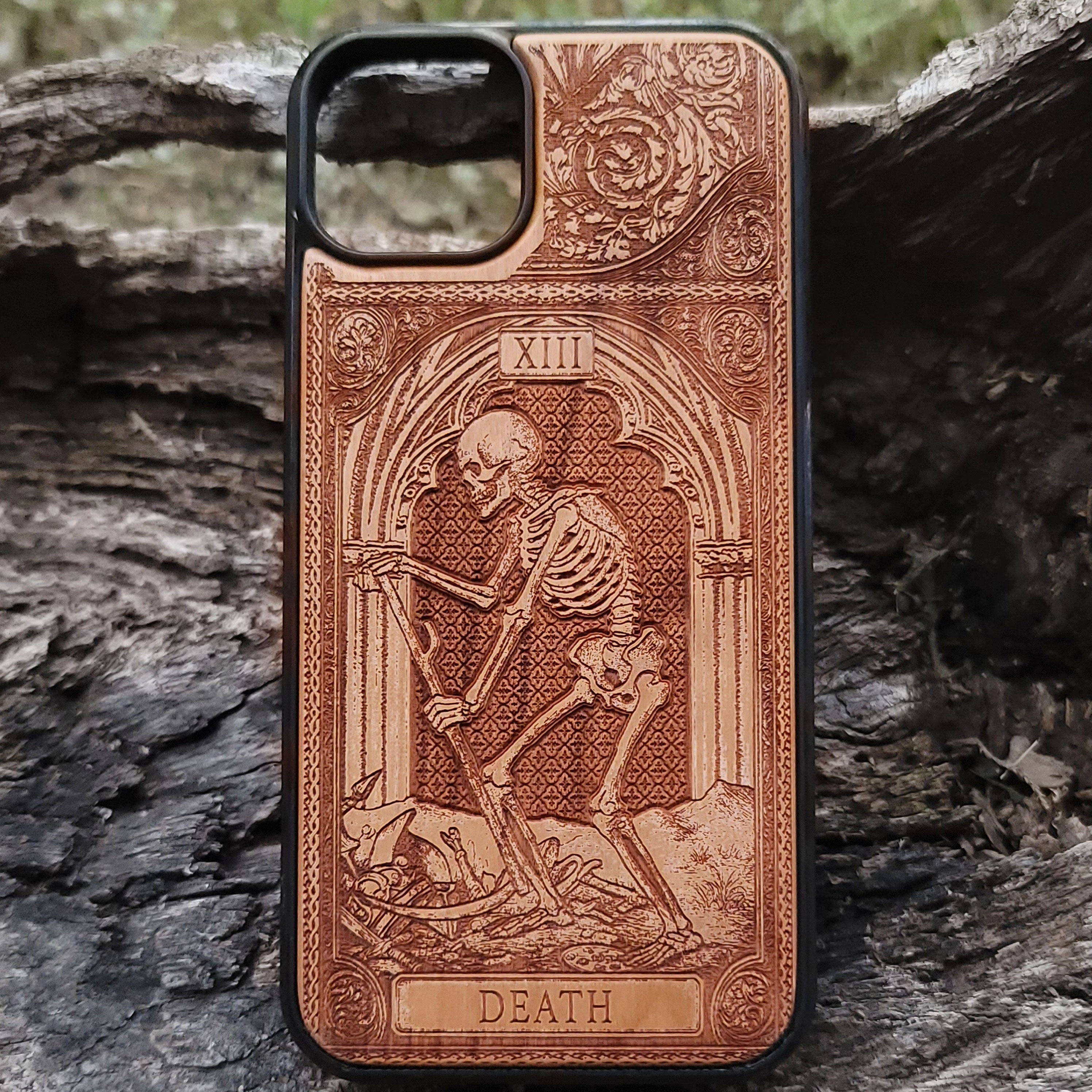Death tarot wood phone case – engraved & hand-painted for iPhone 16, Galaxy S25 – symbolic rebirth and transformation design


