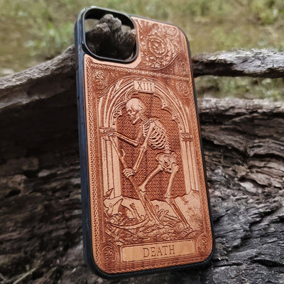 Death tarot wood phone case – engraved & hand-painted for iPhone , Galaxy S – symbolic rebirth and transformation design


