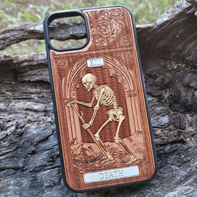 Death tarot wood phone case – engraved & hand-painted for iPhone , Galaxy S – symbolic rebirth and transformation design

