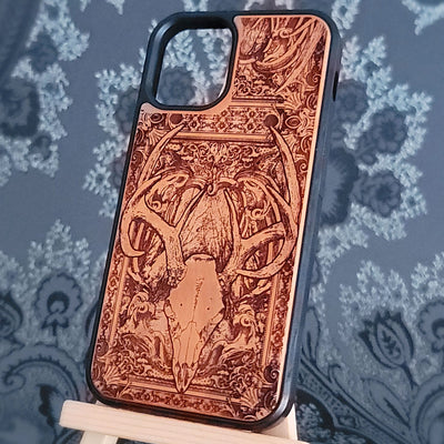 Laser-engraved deer skull wood phone case for iPhone and Galaxy,