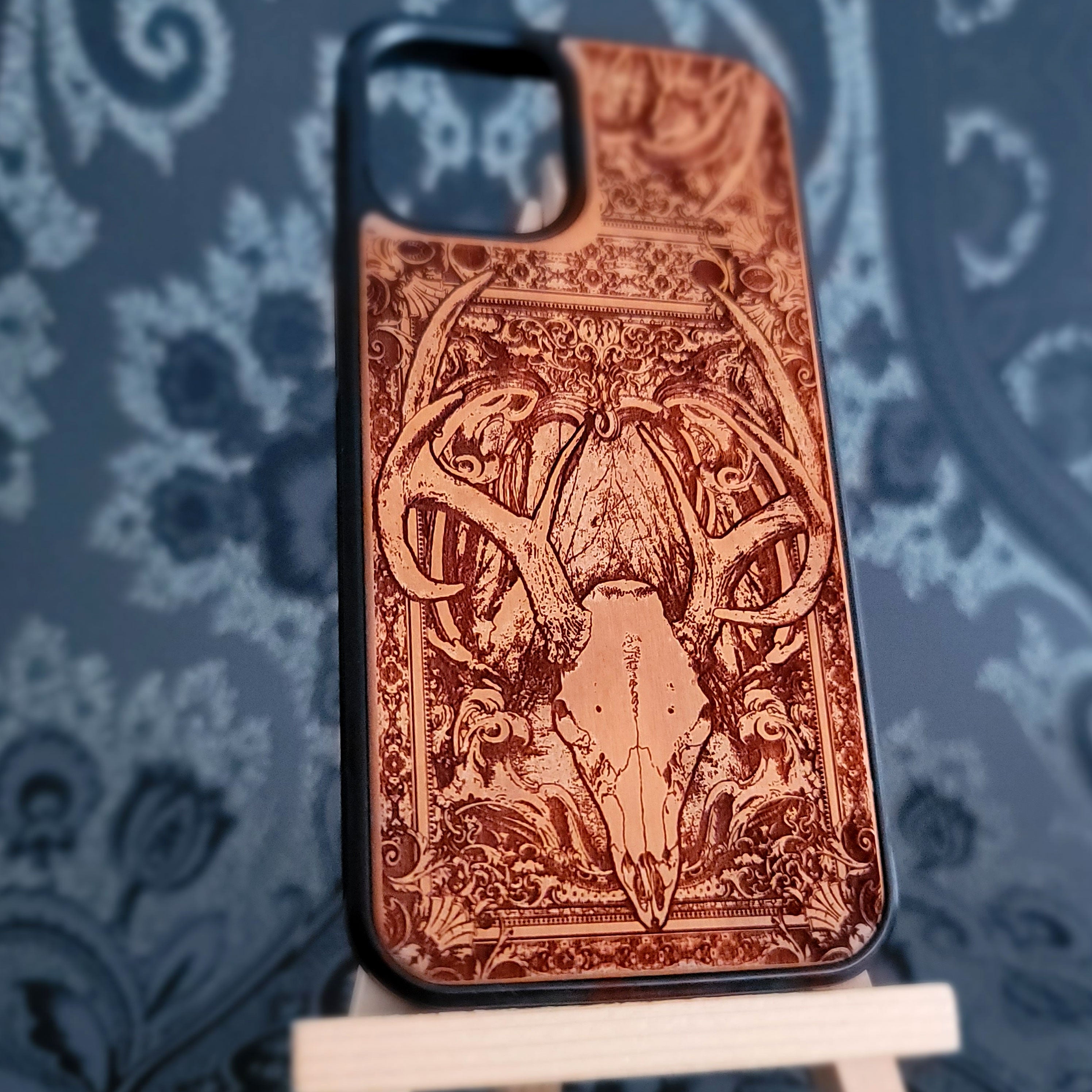 Laser-engraved deer skull wood phone case for iPhone and Galaxy,